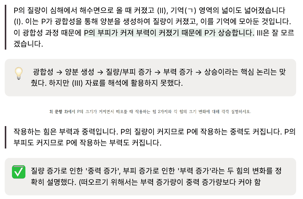 실제 수업 리포트 발췌 6번째. 학생이 말한 답변, 그에 대한 첨삭, 첨삭을 듣고 다시 말한 답변.